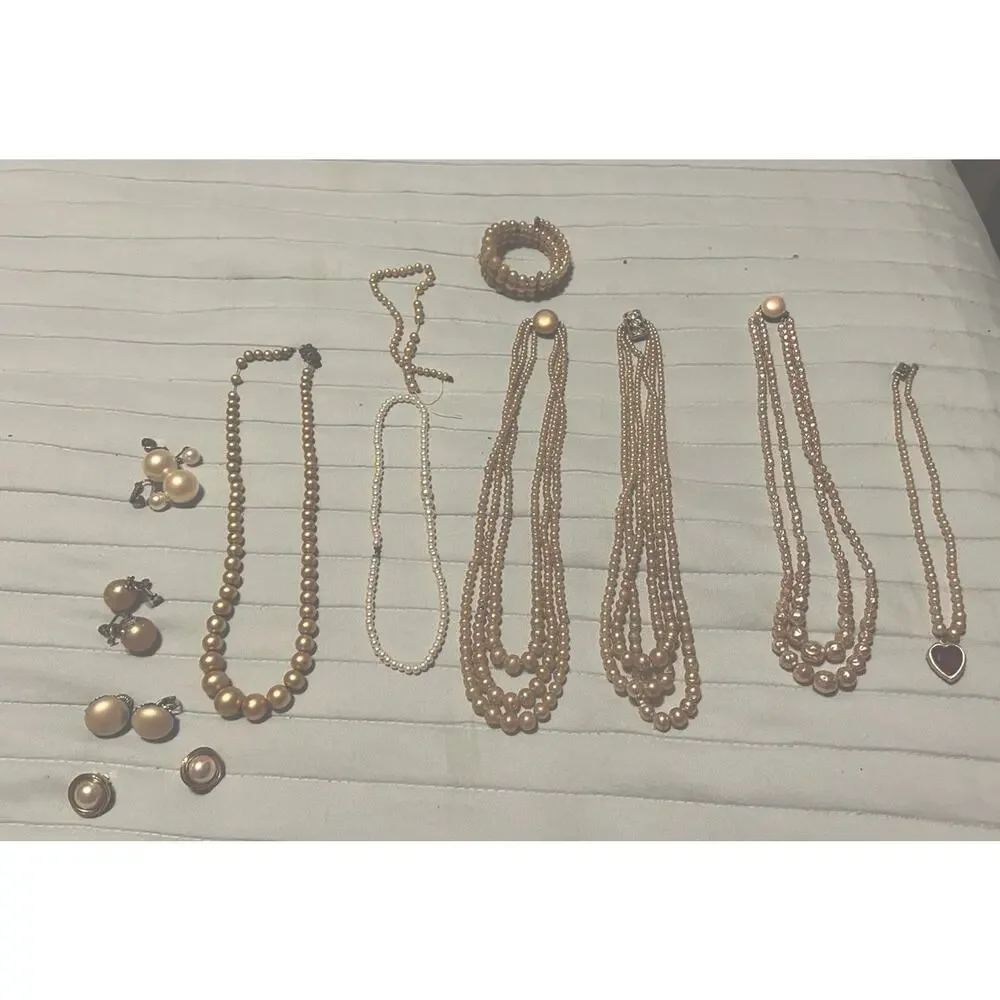 Vintage Faux Pearl Jewelry Lot Pieces Earrings Necklaces Bracelets Earrings - Picture 1 of 12